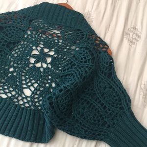 Peacock Blue Boho Crop Open Knit Sweater Shrug